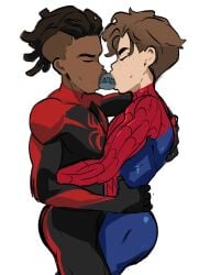 2boys bodysuit dark-skinned_male dark_skin double_dildo double_ended_dildo dreadlocks gay holding holding_waist hugging idoraad light_skin lilprincyvi male male_focus male_only marvel miles_morales peter_parker skinsuit spider-man_(series) yaoi