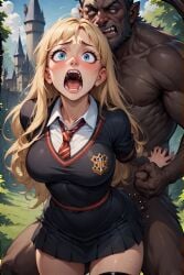 ai_generated blonde_hair cfnm clothed crying_with_eyes_open doggy_style doggy_style doggy_style_position female from_behind harry_potter hogwarts hogwarts_castle hogwarts_student monster_cock monster_on_female monster_rape pov questionable_consent rape scared scared_face school schoolgirl schoolgirl_uniform sex skirt