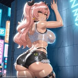 1girls against_wall ai_generated ass city female gfeixiaoai hair_ornament high_resolution highres hoyoverse mihoyo navel nicole_demara orange_eyes panties patreon patreon_username pink_hair ponytail seductive_look seductive_smile short_shorts shorts sling smile standing top wall wet wet_skin zenless_zone_zero