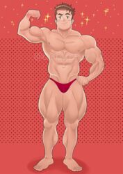 1boy annoying_watermark bara bare_arms bare_legs bare_shoulders barefoot biceps brown_eyes brown_hair bulge dotted_background flexing gay male male_only mostly_nude muscles muscular_male posing presenting red_background smile smilingdatbaraguy thick_thighs