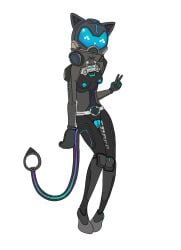 breasts cat_ears cat_tail female fortnite full_body glowing_genitalia neko-rx1_(fortnite) nipples no_background no_clothes nude peace_sign pussy robot robot_cat robot_girl slim slouching slurmberry solo solo_female solo_focus