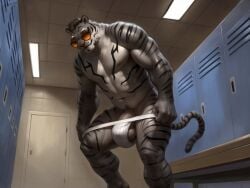 aduran anthro balls clothing eyewear felid feline genitals hair hi_res inside jockstrap locker_room male mammal muscular muscular_anthro muscular_male navel pantherine penis pubes solo striped_body stripes sunglasses tail tiger underwear undressing