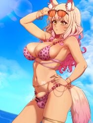1futa absurdres animal_ear_fluff animal_ears animal_print armpit_crease bangle bar_censor belly_chain bikini blonde_hair blue_sky blush bracelet breasts bulge censored closed_mouth commentary contrapposto cowboy_shot day english_commentary eyeshadow eyewear_on_head fate/grand_order fate_(series) female fingernails flaccid fox_ears fox_girl fox_tail futa_only futanari gradient_hair gyaru hand_on_own_hip hand_up heart highres intersex jewelry large_breasts leopard_print leopard_print_bikini long_hair looking_down makeup multicolored_hair nail_polish navel necklace outdoors over-rim_eyewear penis penis_peek pink_bikini pink_hair pink_nails semi-rimless_eyewear sidelocks skindentation sky slit_pupils solo sunglasses sunlight suzuka_gozen_(fate) suzuka_gozen_(swimsuit_rider)_(fate) suzuka_gozen_(swimsuit_rider)_(second_ascension)_(fate) sweat sweatdrop swimsuit tail tan tan_tattoo thighlet todding two-tone_hair water wavy_hair yellow_eyes