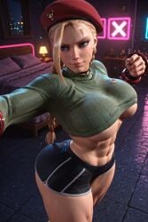 1girls 3d 3d_(artwork) abs ai_generated beret big_ass big_breasts blonde_female blonde_hair booty_shorts braided_hair busty cammy_white muscular_female radnsad solo solo_female solo_focus street_fighter street_fighter_6 sweater thick_thighs twin_braids underboob