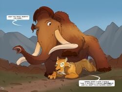 anal anal_sex anthro blue_sky_studios claws dialogue diego_(ice_age) duo elephantid english_text felid feral from_behind_position furry genitals grass ice_age_(series) looking_back male male/male mammal mammoth manfred_(ice_age) mcfan penetration penis plant prehistoric_species proboscidean saber-toothed_tiger sex size_difference tag_your_shit_properly_you_piece_of_shit text