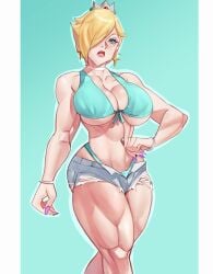 1girls big_breasts bikini_top blonde_hair blue_eyes busty cleavage crown dlusional hair_over_one_eye hand_on_hip jean_shorts light-skinned_female light_skin mario_(series) muscular muscular_female nintendo princess_rosalina short_hair short_shorts
