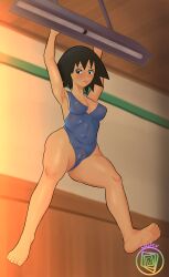1girls artist_logo bangs belly_button big_breasts blue_swimsuit blue_swimwear blush_lines breasts brown_skin ceiling_light closed_mouth closed_smile dark-skinned_female dark_skin detailed_background feet female female_only hanging happy lips lustercandy mouth_closed nipple_bulge pointy_hair pussy pussy_bulge sayonara_zetsubou_sensei seductive seductive_eyes seductive_look seductive_smile sekiutsu_maria_tarou short_hair slim slim_waist smile soles solo spiked_hair spiky_hair swimsuit swimwear thick_lips thick_thighs thighs tight_swimsuit tongue tongue_out vagina watermark