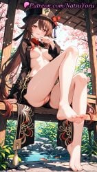 1girls 2025 ai_generated bare_legs barefoot black_headwear black_shorts boo_tao_(genshin_impact) breasts brown_hair feet flower genshin_impact hat hi_res highres hoyoverse hu_tao_(genshin_impact) legs lipstick long_hair long_sleeves looking_at_viewer medium_breasts mihoyo mihoyo_technology_(shanghai)_co._ltd. nail_polish natsuyoru nipples open_clothes outdoors patreon plant plum_blossoms porkpie_hat pussy red_eyes shorts sitting smile soles solo thighs toenails toes twintails very_long_hair voluptuous voluptuous_female