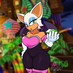 ablazemosquit0 anthro anthro_female bat bat_wings boobs_out breasts cleavage gloves leggings pussy rouge_the_bat sonic_(series) sonic_the_hedgehog_(series) tan_body tan_skin thick_thighs tight_clothing