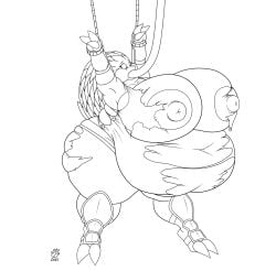 anthro arms_tied ass badgerben belly big_ass big_belly big_breasts big_nipples bound breasts claws clothing female generation_1_pokemon hi_res hose hose_in_mouth hose_inflation huge_ass huge_belly huge_breasts hyper hyper_belly hyper_breasts inflation monochrome navel nintendo nipples pokemon pokemon_(species) sandpancake sandslash solo torn_clothing