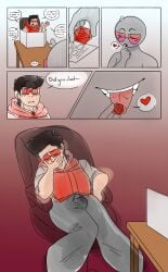6_panel_comic boner boner_in_pants boner_under_clothes brown_hair bwabwamoonie chance_(date_everything) clothed comic_page d20 dnd dungeon_master erection_under_clothes erection_under_clothing fanfic_art gijinka gradient_background hand_covering_mouth kissing_object licking_object object_in_mouth precum precum_through_clothing red_eyes red_glasses remote_transfer teasing