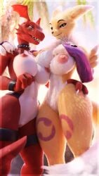 3_fingers 3d_(artwork) 4k 9:16 absurd_res anthro arm_around_shoulders arm_around_waist armwear bandai_namco big_breasts black_sclera blue_eyes blurred_background bracelet breast_squish breasts bridal_gauntlets canid canine claws clothing collar day digimon digimon_(species) digital_media_(artwork) duo female fingers fluffy fox fur genitals guilmon guilmon_(furromantic) hand_on_another's_shoulder hand_on_hip hand_on_leg hand_on_shoulder hand_on_thigh head_wings hi_res jewelry looking_at_viewer mammal navel nipples non-mammal_breasts non-mammal_navel non-mammal_nipples nude nude_anthro nude_female outdoor_nudity palm_tree plant purple_armwear purple_bridal_gauntlets purple_clothing red_body red_eyes red_nipples red_scales red_wings renamon renamon_(furromantic) reptile scales scalie sharp_teeth smile smiling_at_viewer springycharna squish studded_collar studs tail teeth thick_thighs thigh_strap tree unusual_wing_placement vulva white_body white_fur wings yellow_body yellow_fur