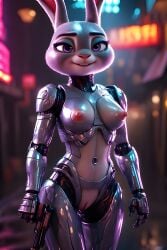 ai_generated anthro breasts bunny_ears city cop cyborg exawalker1991 female glistening_body judy_hopps lagomorph metallic_body nipples pistol purple_eyes pussy standing zootopia