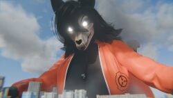 1girls anthro big_breasts black_body black_hair breast_crush breasts city city_crushing city_destruction clothed clothing digital_media_(artwork) ears female female_only furry giantess glowing_eyes hair jumpsuit long_hair macro mal0 malo scp-1471 scp-1471-a scp-1471-a_(scrag) scp_foundation scrag_boy skull_head wolf wolf_girl