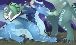 ambiguous_gender animal_genitalia black_claws black_horn blue_body blue_scales blue_tongue claws dragon duo erection fellatio feral feral_on_feral genital_slit genitals grass green_body green_penis green_scales hi_res horn knot male male/ambiguous membrane_(anatomy) membranous_wings mythological_creature mythological_scalie mythology oral oral_penetration penetration penile penis penis_in_mouth plant scales scalie seawing_(wof) sex tiama tongue ventral_scales wings wings_of_fire