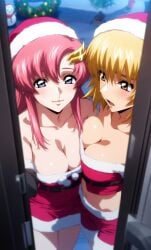 2girls bare_shoulders bbw big_breasts bimbo black_gloves blonde_hair blue_eyes blush bob_cut breast_press breast_squish breasts brown_eyes busty cagalli_yula_athha christmas christmas_clothing christmas_hat christmas_headwear christmas_lights christmas_outfit christmas_tree cleavage crop_top door doorway dress elbow_gloves female female_focus female_only ganotakunn gloves gundam gundam_seed gundam_seed_destiny gundam_seed_freedom hair_ornament hairclip hi_res high_resolution highres lacus_clyne large_breasts light-skinned_female light_skin looking_at_viewer medium_hair minishorts mobile_suit_gundam open_mouth pale-skinned_female pale_skin pink_hair santa_bikini santa_dress santa_gloves santa_hat short_dress shorts shoulder_length_hair skimpy skimpy_clothes skimpy_dress skimpy_outfit smile smiling smiling_at_viewer snowman standing very_high_resolution voluptuous voluptuous_female