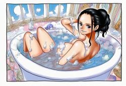 1girl 1girls accurate_art_style accurate_body_type accurate_proportions ai_generated arm_behind_head arms_behind_back back back_view backboob bath bathing bathroom bathroom_sex bathtub big_breasts black_hair blue_eyes blush blushing_at_viewer casual casual_exposure casual_nudity casual_sex casual_topless confident confident_female confident_smile confidently_naked convenient_censoring convenient_censorship dark_hair female hair_bun huge_breasts long_hair looking_at_partner looking_at_viewer looking_back looking_back_at_viewer looking_pleasured naked naked_female nico_robin nipple_slip nipples nude nude_female nudity one_piece post-timeskip smile smiling smiling_at_viewer soap soap_bubbles soap_censor soapy solo solo_female solo_focus thick thick_legs thick_thighs