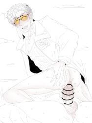 2boys anal anal_sex anon ass balls bar_censor blush bottomless censored clothed disaste1960713 george_karizaki glasses hand_on_ass kamen_rider kamen_rider_revice_(series) labcoat line_art male male_only monochrome name_tag penis riding riding_penis sex smile solo solo_focus solo_male sunglasses sweat uncolored unseen_character unseen_male_face