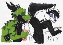 2025 anal anthro anus biped black_body dragon duo erection fur genitals green_body handjob horn looney_tunes male male/male mammal mephitid mythological_creature mythological_scalie mythology oral penile penis pepe_le_pew rear_view rimming scalie sex signature simple_background skunk stripes tail toony traditional_media_(artwork) warner_brothers white_background yellow_eyes zaeryn zaeryn_(character)