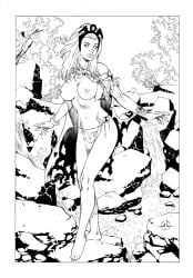 1girls alex_lei big_breasts breasts cavegirl cavewoman female jungle_girl loincloth long_hair marvel marvel_comics monochrome nipples solo solo_female storm_(x-men) tarzan tribal x-men