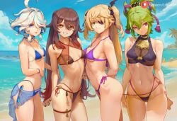 4girls ai_generated ass beach bikini bikini_bottom bikini_top blonde_female blonde_hair breasts brown_hair female fischl_(genshin_impact) furina_(genshin_impact) genshin_impact green_hair hu_tao_(genshin_impact) kuki_shinobu large_breasts looking_at_viewer lucakp patreon patreon_link patreon_logo patreon_reward patreon_url patreon_username sand small_breasts smile smiling tongue_out two_tone_hair white_hair