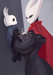 against_wall breasts cum_on_breasts dominant female height_difference hornet_(hollow_knight) paizuri paizuri_under_clothes squeezing_breasts the_knight_(hollow_knight) thighs thight_clothing titfuck_under_clothes titjob trapped