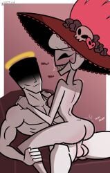 1boy 1boy1girl 1girls accurate_art_style anonymous_male arched_back ass black_eyes black_lipstick blush breasts cannibal cowgirl_position demon demon_girl empty_eyes female female_focus full_body grey_body grey_skin hands_on_shoulders hat hat_only hazbin_hotel holding_legs large_hat light-skinned_male light_skin male male/female male_penetrating male_penetrating_female medium_breasts nipples nude nude_female nude_male pale-skinned_female pale_skin penetration penis riding rosie_(hazbin_hotel) sex sharp_teeth short_hair simple_background sitting sitting_on_lap sitting_on_penis sitting_on_person smile smiling straight tagme teeth white_hair wretch_sketch