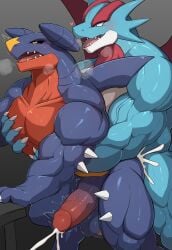 2025 anal_orgasm anthro anthro_on_anthro anthro_penetrated anthro_penetrating anthro_penetrating_anthro anthrofied balls blue_body blush bodily_fluids claws cum cum_in_ass cum_inside cumshot duo ejaculation erection from_behind_position garchomp generation_3_pokemon generation_4_pokemon genital_fluids genitals hands-free hi_res karukim leaking_cum male male/male male_penetrated male_penetrating male_penetrating_male muscular muscular_anthro muscular_male nintendo orgasm penetration penis pokemon pokemon_(species) reptile salamence scalie sex simple_background sweat