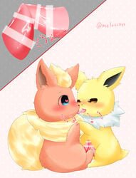 2boys absurd_res animal_genitalia animal_penis anthro anthrofied ass big_ears blue_eyes blush bodily_fluids canine canine_penis censored close-up cub duo eeveelution feet feral feral_on_feral flareon frottage furry gay hand_holding heart hi_res interspecies japanese_text jolteon kissing knot long_ears male male_only melu0213pk nintendo paws penis penises_touching pokémon_(species) pokemon pokemon_(species) pokemon_rgby saliva sex tail testicles text video_games wet yaoi yellow_eyes young