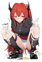 absurdres adversarial_noise akinoji_(akiponpon27) arknights belt belt_buckle black_belt black_horns black_shirt black_shoes black_socks blush breasts buckle chain_necklace chains closed_mouth commentary_request cross cross_necklace crotch_seam double-parted_bangs embarrassed female full_body hair_between_eyes hand_on_own_foot hand_on_own_knee highres horns jewelry kneehighs large_breasts long_bangs long_hair miniskirt necklace official_alternate_costume panties pee_puddle peeing peeing_self purple_eyes red_hair red_skirt shirt shoes simple_background skirt socks solo sound_effects squatting straight_hair surtr_(arknights) surtr_(liberte_echec)_(arknights) sweatdrop t-shirt thigh_strap underwear upskirt urine v-shaped_eyebrows very_long_hair watermark wet wet_clothes wet_panties white_background white_panties