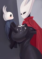 against_wall breasts cum cum_on_breasts dominant female hollow_knight hornet_(hollow_knight) paizuri paizuri_under_clothes the_knight_(hollow_knight) thighs thight_clothing titfuck_under_clothes titjob trapped