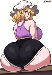 ass_focus black_shorts blush cameltoe curvy dolphin_shorts from_behind large_breasts looking_back maribel_hearn mob_face seireiart shorts sitting thick_thighs touhou voluptuous wide_hips
