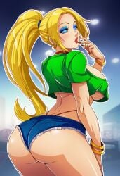 ai_generated bimbo blonde_hair blue_eyeshadow fatal_fury feminization hypnosis king_of_fighters laura_matsuda laura_matsuda_(cosplay) mascara red_lipstick rule_63 sano-br snk street_fighter terry_bogard