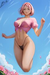 1girls absurdres alternate_costume alvsdraws black_panties blue_sky breasts covered_erect_nipples earrings facial_mark falling_petals female floating_earrings flower green_eyes highleg highleg_panties highres jewelry jumping looking_at_viewer medium_breasts naruto naruto:_the_last naruto_(series) naruto_shippuuden navel necklace outdoors panties parted_lips petals pink_flower pink_hair pink_shirt sakura_haruno shirt short_hair signature sky smile solo underwear