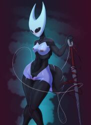 2025 2_horns 4_fingers anthro areola arthropod arthropod_abdomen biped breasts clothing female fingers genitals hi_res holding_melee_weapon holding_object holding_weapon hollow_knight horn hornet_(hollow_knight) legwear melee_weapon nipples scaliepunk solo standing team_cherry thigh_highs thread vulva weapon
