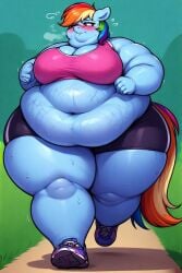 ai_generated blush chubby_arms fat fat_calves fat_thighs friendship_is_magic jogging my_little_pony obese rainbow_dash_(mlp) rainbow_hair sweating tight_clothing
