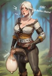 1futa ai_generated balls big_balls big_breasts big_penis breasts bulge bulge_through_clothing ciri civitai cleavage clothed clothed_futa condom_balloon cum cum_in_clothes cum_under_clothes dialogue embarrassed english_text erection erection_under_clothes futa_only futanari futazealot green_eyes impossible_clothes light-skinned_futa light_skin penis solo talking_to_viewer text the_witcher_(series) the_witcher_3:_wild_hunt veiny_penis white_hair