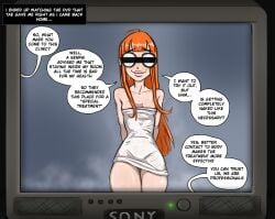 ahoge breasts comic_page commission dark-skinned_male dark_penis dark_skin english_text excited excited_female female furcifur glasses imminent_sex interracial orange_hair persona persona_5 pervert precum precum_drip recording sakura_futaba sony steam straight sweat text text_bubble towel towel_only tv_screen uncensored