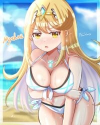 bangs bare_shoulders bikini blonde_hair blush breasts cleavage day earrings eyebrows_visible_through_hair female hikari_(xenoblade_2) jewelry large_breasts long_hair solo swimsuit thigh_gap wet yellow_eyes
