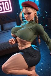 1girls 3d 3d_(artwork) abs ai_generated beret big_ass big_breasts blonde_female blonde_hair booty_shorts braided_hair busty cammy_white muscular_female radnsad solo solo_female solo_focus street_fighter street_fighter_6 sweater thick_thighs twin_braids underboob