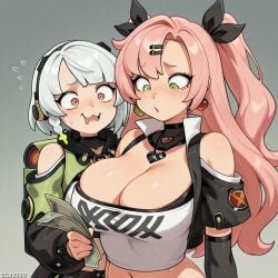 (titancore) ai_generated anby_demara big_breasts breasts curvy_figure drooling embarrassed female females girls headphones holding_money long_hair money multiple_girls nicole_demara pink_hair ribbon_in_hair short_hair silver_hair twintails video_game_character white_hair zenless_zone_zero