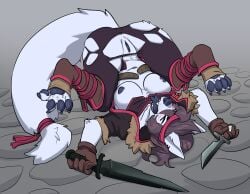 2024 6my accessory anthro arctic_wolf belt blush bottomwear breasts canid canine canis claws closed_eyes clothing dagger digital_media_(artwork) female genitals hair headband hi_res holding_dagger holding_melee_weapon holding_object holding_sword holding_weapon lying mammal melee_weapon nipples on_back open_mouth pants pawpads solo stone_floor sword tail torn_clothing vulva weapon wolf