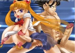 1boy 1futa artist_request big_nipples big_penis bishoujo_senshi_sailor_moon blonde_hair breasts cum dragon_ball futanari huge_breasts intersex male nipple_piercing penis pigtails pussy sailor_moon son_goku tagme tongue tongue_out usagi_tsukino