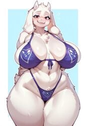 ai_generated bikini breasts curvy curvy_female curvy_figure female furry gravure_soraka horns huge_breasts long_ears massive_breasts mature_female milf nervous_smile red_eyes toriel undertale