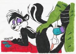 2025 anal anal_sex anthro balls bed biped black_body condom dragon duo erection fur furniture genitals green_body looney_tunes male male/male mammal mephitid mythological_creature mythological_scalie mythology nude penetration penile penile_penetration penis penis_in_ass pepe_le_pew purple_penis safe_sex scalie sex sexual_barrier_device signature simple_background skunk stripes traditional_media_(artwork) warner_brothers wearing_condom white_background zaeryn zaeryn_(character)