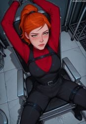 1girls adult_female ai_generated ben_10 ben_10_alien_force ben_10_ultimate_alien bondage cartoon_network chair_bondage clothed_female female female_focus female_only green_eyes gwen_tennyson gwen_tennyson_(alien_force) gwen_tennyson_(ultimate_alien) jousneystudio long_eyelashes perfect_body ponytail red_hair thin_eyebrows white_skin white_skinned_female