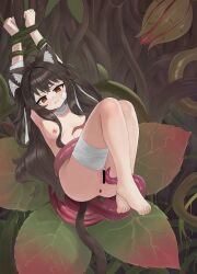 absurdres animal_ear_fluff animal_ears bandaged_arm bandaged_leg bandaged_neck bandages bandaid bandaid_on_cheek bandaid_on_face bar_censor blush bound bound_arms bound_wrists breasts brown_eyes brown_hair cat_ears cat_girl cat_tail censored clenched_teeth completely_nude dokomon female full_body highres imminent_rape long_hair medium_breasts nude original oversized_plant plant plant_monster pussy restrained struggling tail teeth tentacle torso_grab two_side_up vines