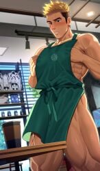1boy abs apron apron_only ass_visible_through_thighs bara barista beefy biceps blonde_hair blush bottomless brand_name_imitation brown_eyes brown_hair cafe ceiling ceiling_light clenched_teeth coffee coffee_cup collarbone drinks dyed_hair frown gay hi_res hunk indoors izukonohito looking_down male male_only manly masturbation mature_male multicolored_hair muscles muscular muscular_arms muscular_legs muscular_male muscular_thighs nipple_play no_visible_genitalia original original_character pantsless pinching_nipples practically_nude precum precum_drip quadriceps resisting server solo solo_male standing thick_eyebrows two_tone_hair waiter wince yaoi