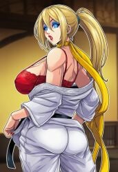 ai_generated bimbo blonde_hair blue_eyeshadow fatal_fury feminization hypnosis king_of_fighters makoto_(street_fighter) makoto_(street_fighter)_(cosplay) mascara red_lipstick rule_63 sano-br snk street_fighter terry_bogard