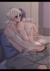2boys ass bedroom blue_lock clothing gay hand_on_ass male male/male moan moaning muscular muscular_male nagi_seishiro no_sex pants purple_hair reo_mikage sitting_on_lap touching_ass white_hair yaoi